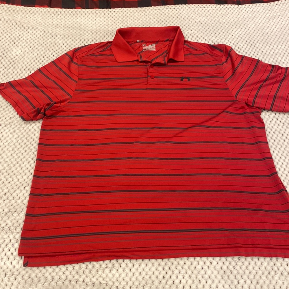 Under armor performance polo red with gray and black striped